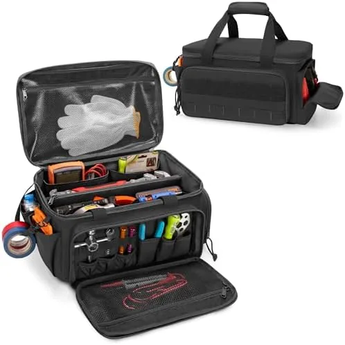 rexmica 14 inch tool bag with anti friction bottom hand tool storage organizer for men tactical range bag multi purpose work tote for repairman carpenters handyman black