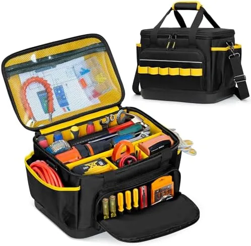 rexmica small tool bag 12 inch tool tote bag with eva hard bottom and carrying strap multi functional tool storage organizer for electrician plumber mechanic automotive black yellow
