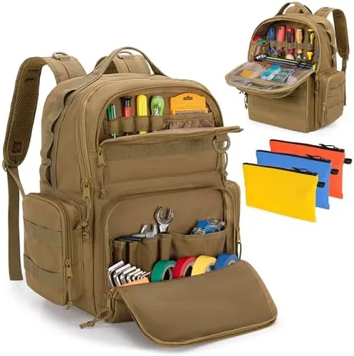 rexmica tool bag backpack for men with 3 tool pouches heavy duty tool storage organizer bag with padded shoulder waist support tactical work tool bag for electrician repairman hvac techs khaki